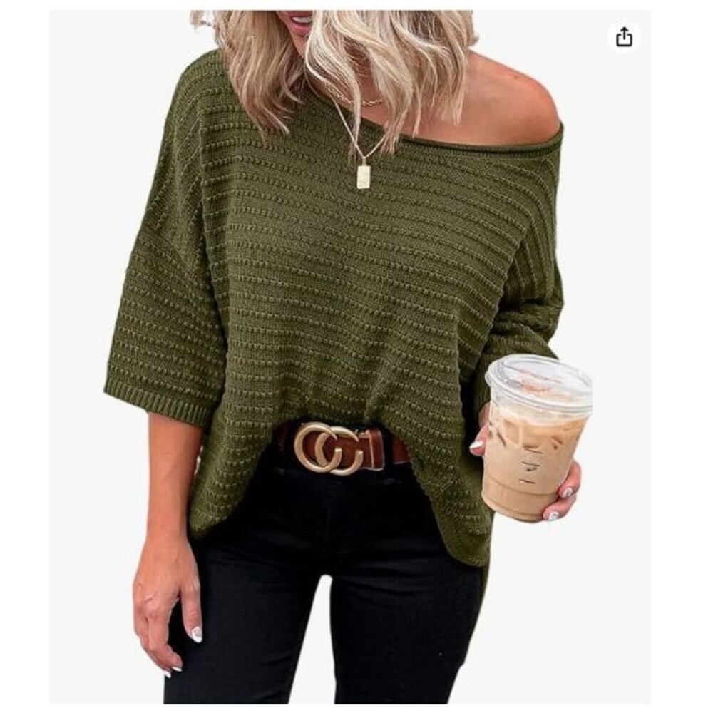 Women's Knit Casual Blouse 3/4 Sleeve Loose Tops XL Fall Pullover Sweater Green